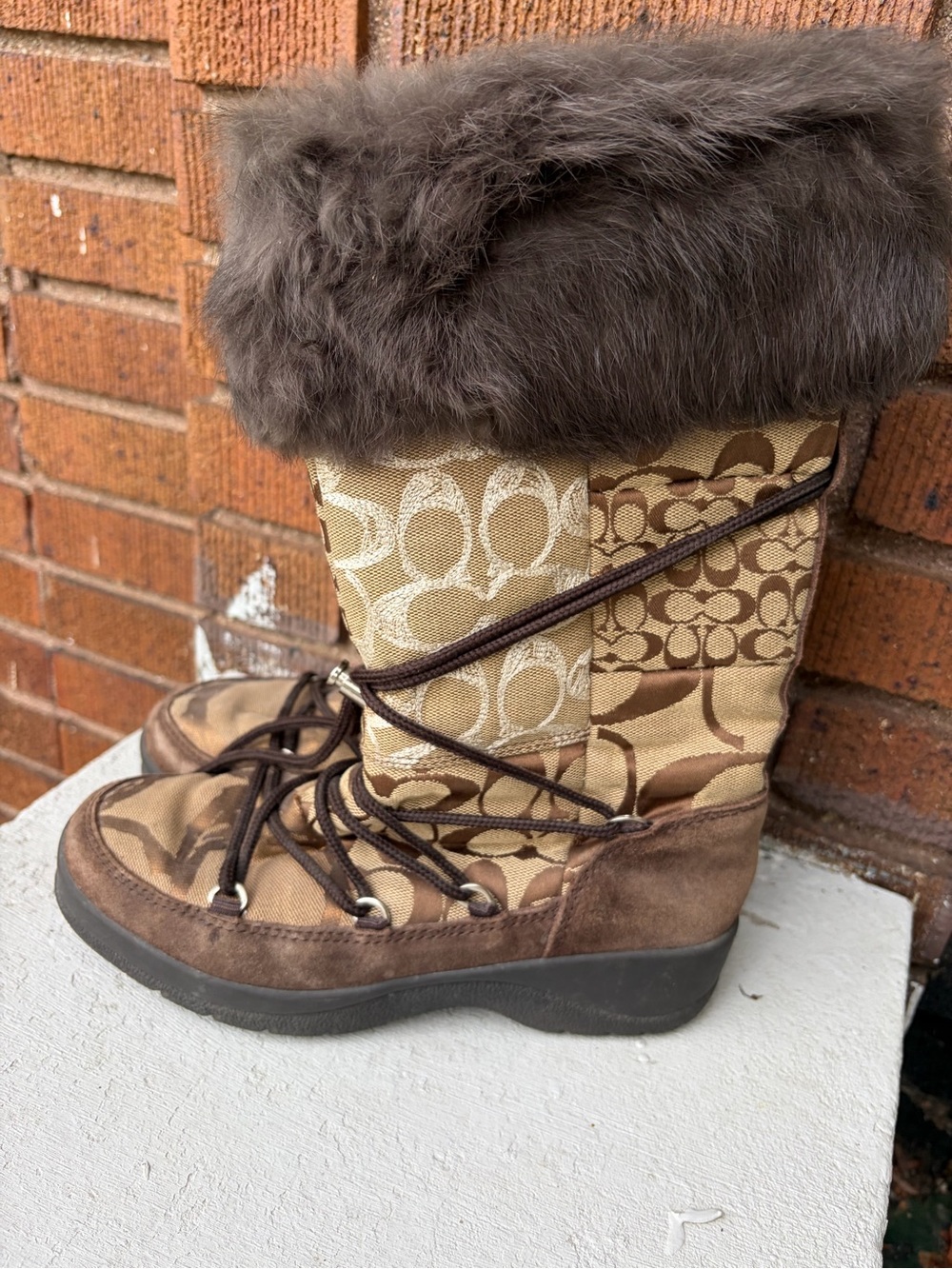 Coach Tan and Brown Signature Patchwork Fur-Trim Lace-Up Winter Boots
